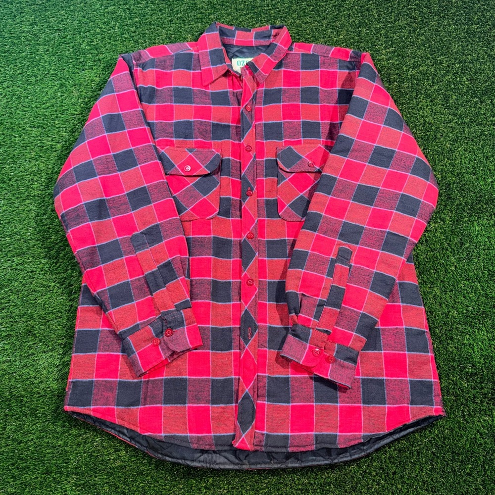 Vintage Ozark Trail Red Black Plaid Quilted Flannel Shirt Jacket Mens Large